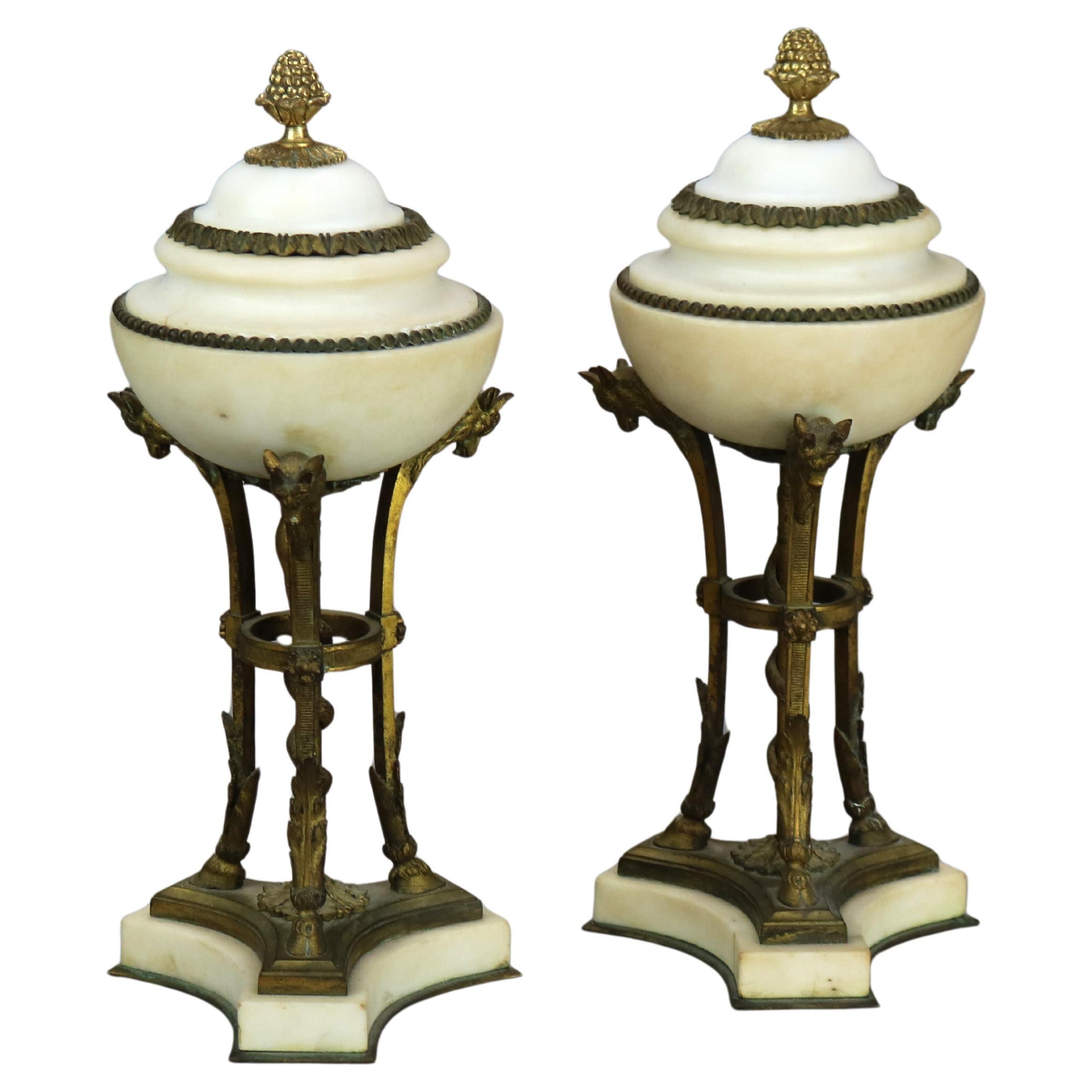 Pair of Antique French Figural Bronze & Marble Cassolettes with Hoof Feet C1880 For Sale