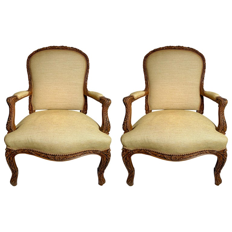 Pair of Antique French Finely Carved Walnut Armchairs For Sale at 1stDibs