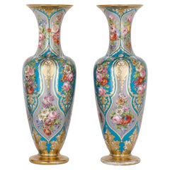Pair of Antique French Floral Glass Vases by Baccarat