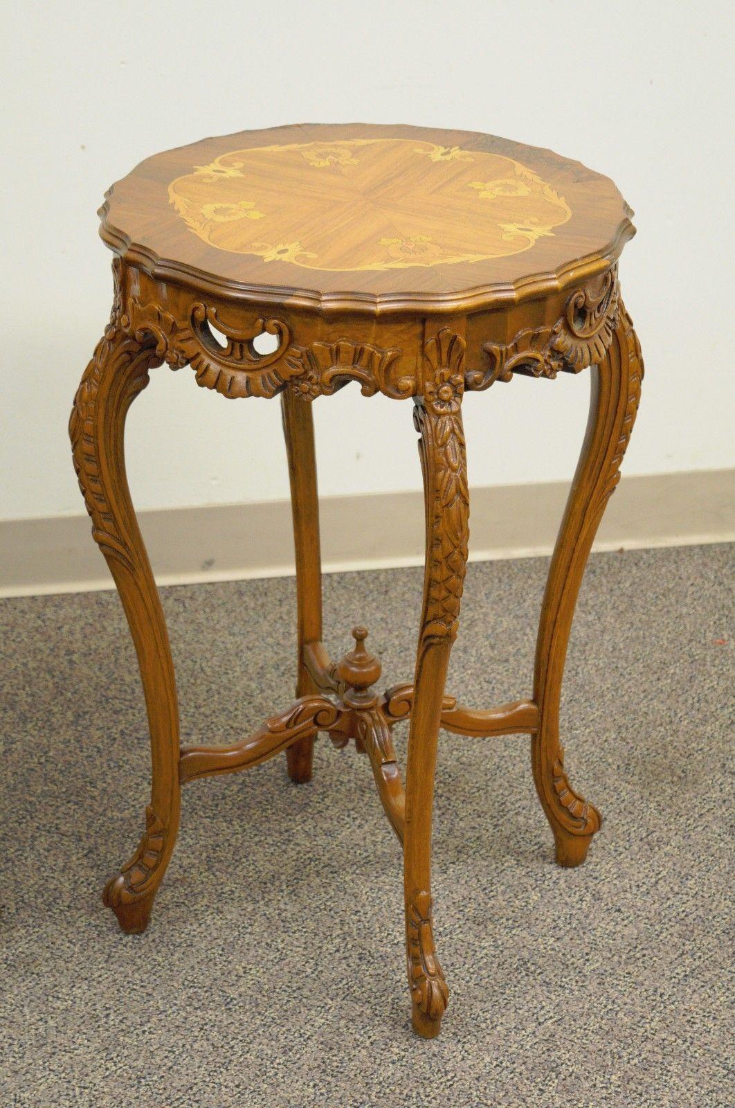 Pair of Antique French Floral Satinwood Inlaid Round End Tables Carved Walnut 1