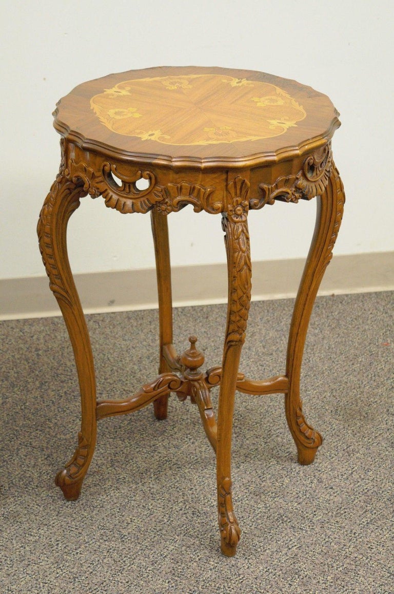 Pair of Antique French Floral Satinwood Inlaid Round End Tables Carved