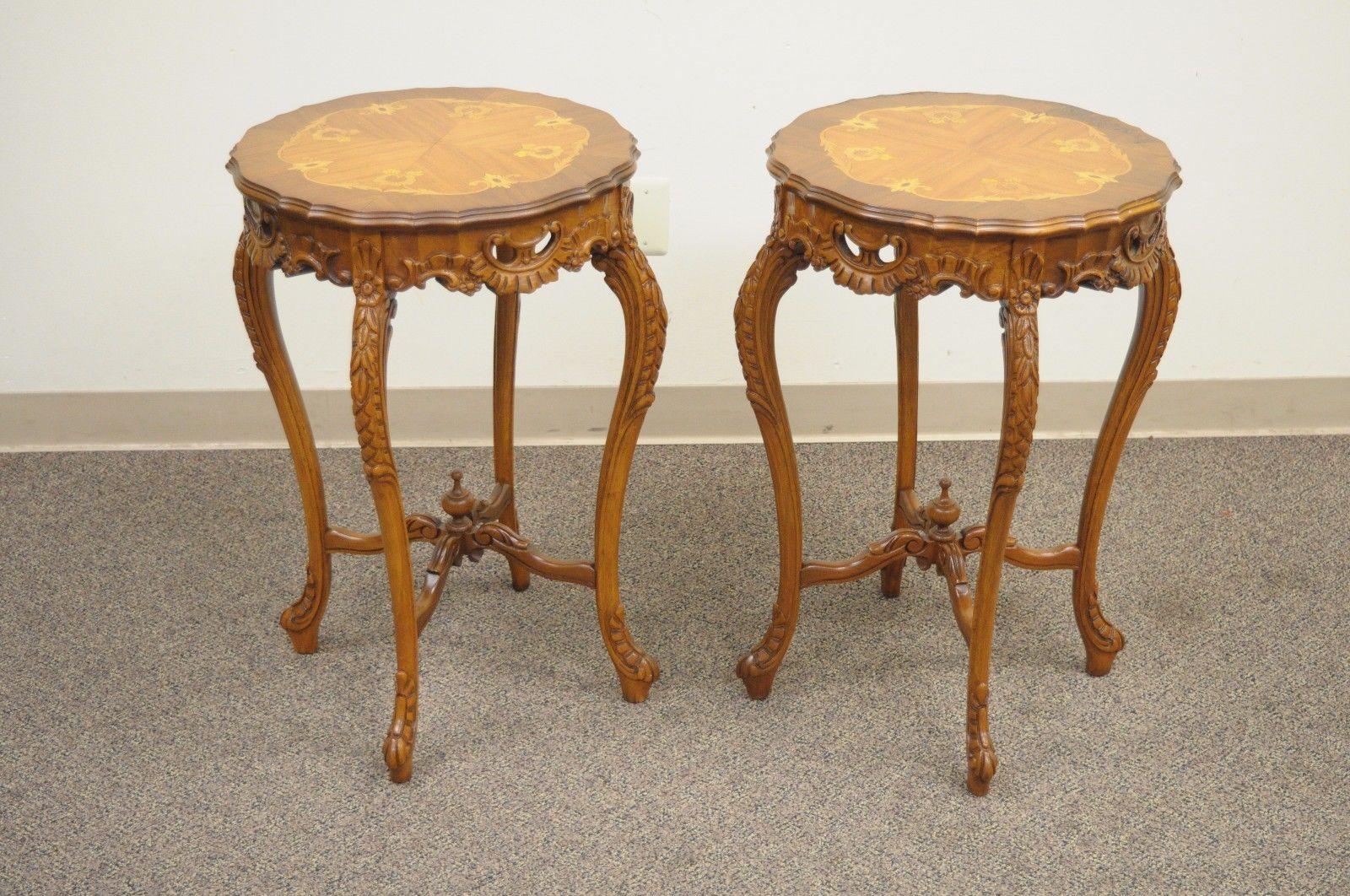 Pair of Antique French Floral Satinwood Inlaid Round End Tables Carved Walnut 3