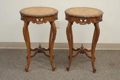 Pair of Antique French Floral Satinwood Inlaid Round End Tables Carved Walnut