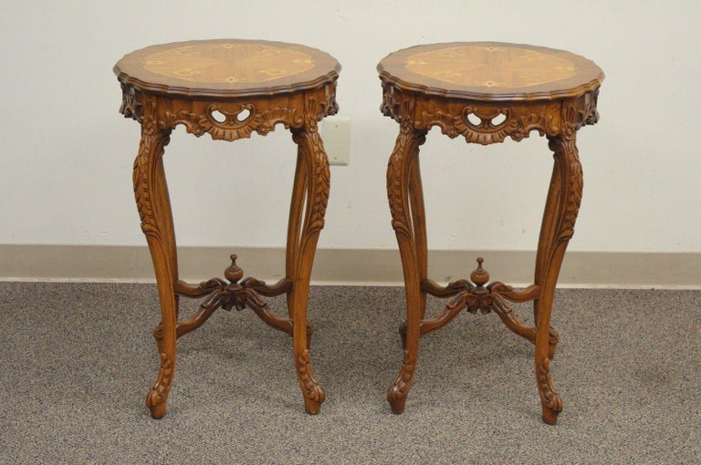 Pair of Antique French Floral Satinwood Inlaid Round End Tables Carved Walnut at 1stDibs