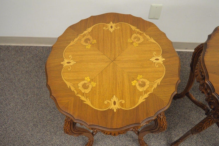 Pair of Antique French Floral Satinwood Inlaid Round End Tables Carved Walnut at 1stDibs