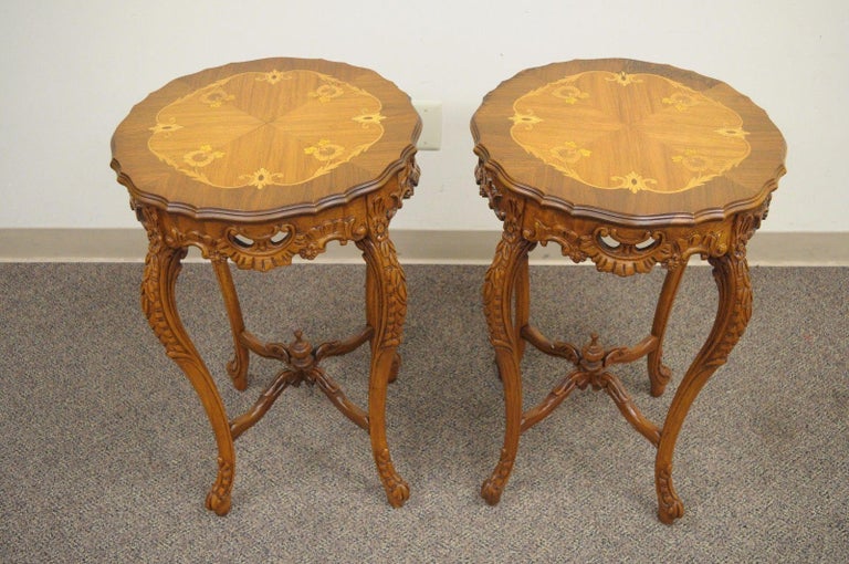 Pair of Antique French Floral Satinwood Inlaid Round End Tables Carved
