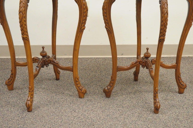 Pair of Antique French Floral Satinwood Inlaid Round End Tables Carved Walnut at 1stDibs
