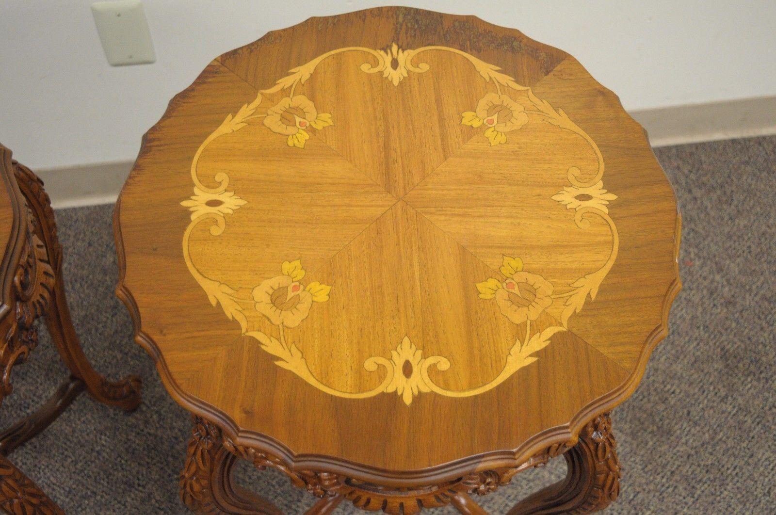 American Pair of Antique French Floral Satinwood Inlaid Round End Tables Carved Walnut