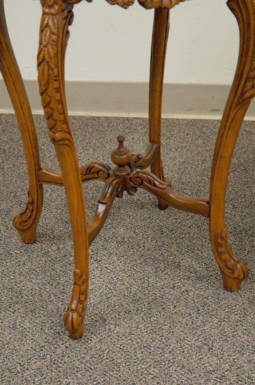 20th Century Pair of Antique French Floral Satinwood Inlaid Round End Tables Carved Walnut