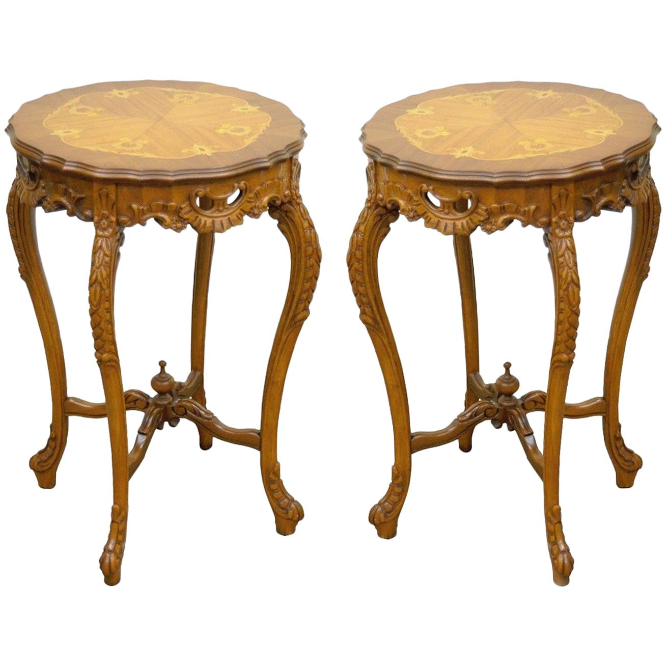 Pair of Antique French Floral Satinwood Inlaid Round End Tables Carved Walnut