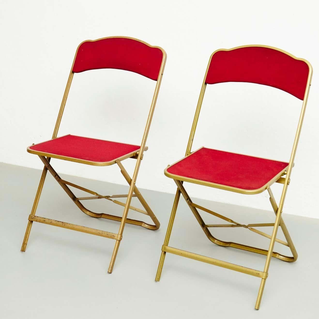 Metal Pair of Antique French Folding Theater Chairs, circa 1960 For Sale