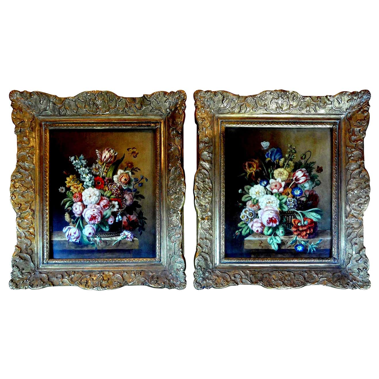 Pair of Antique French Framed Floral Oil Paintings For Sale at 1stDibs