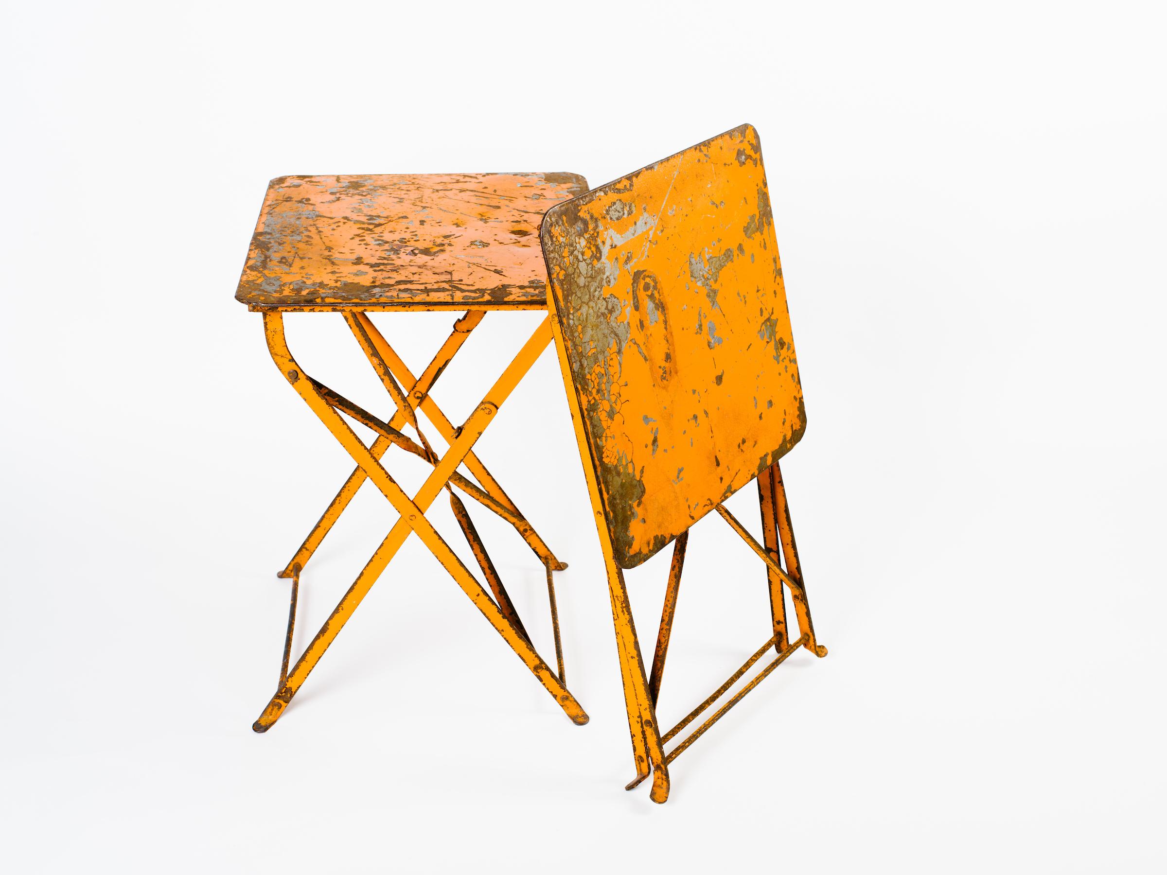 Pair of French Antique Bistro Folding Tables in Distressed Orange Metal, c. 1930 4