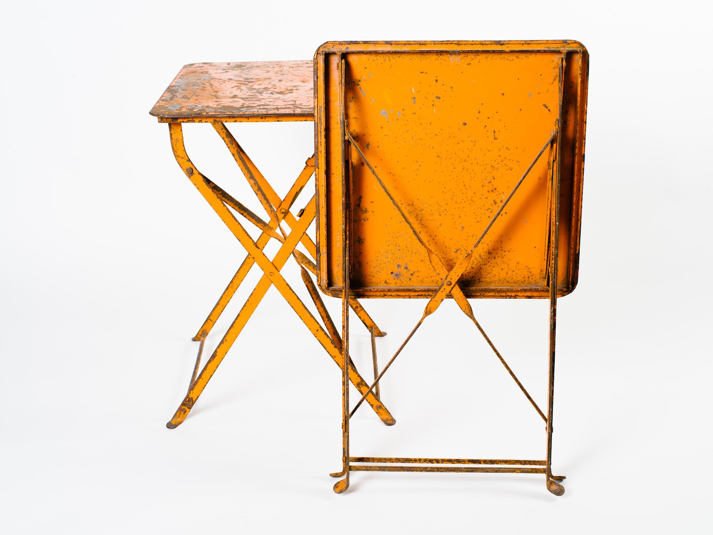 Pair of French Antique Bistro Folding Tables in Distressed Orange Metal, c. 1930 5