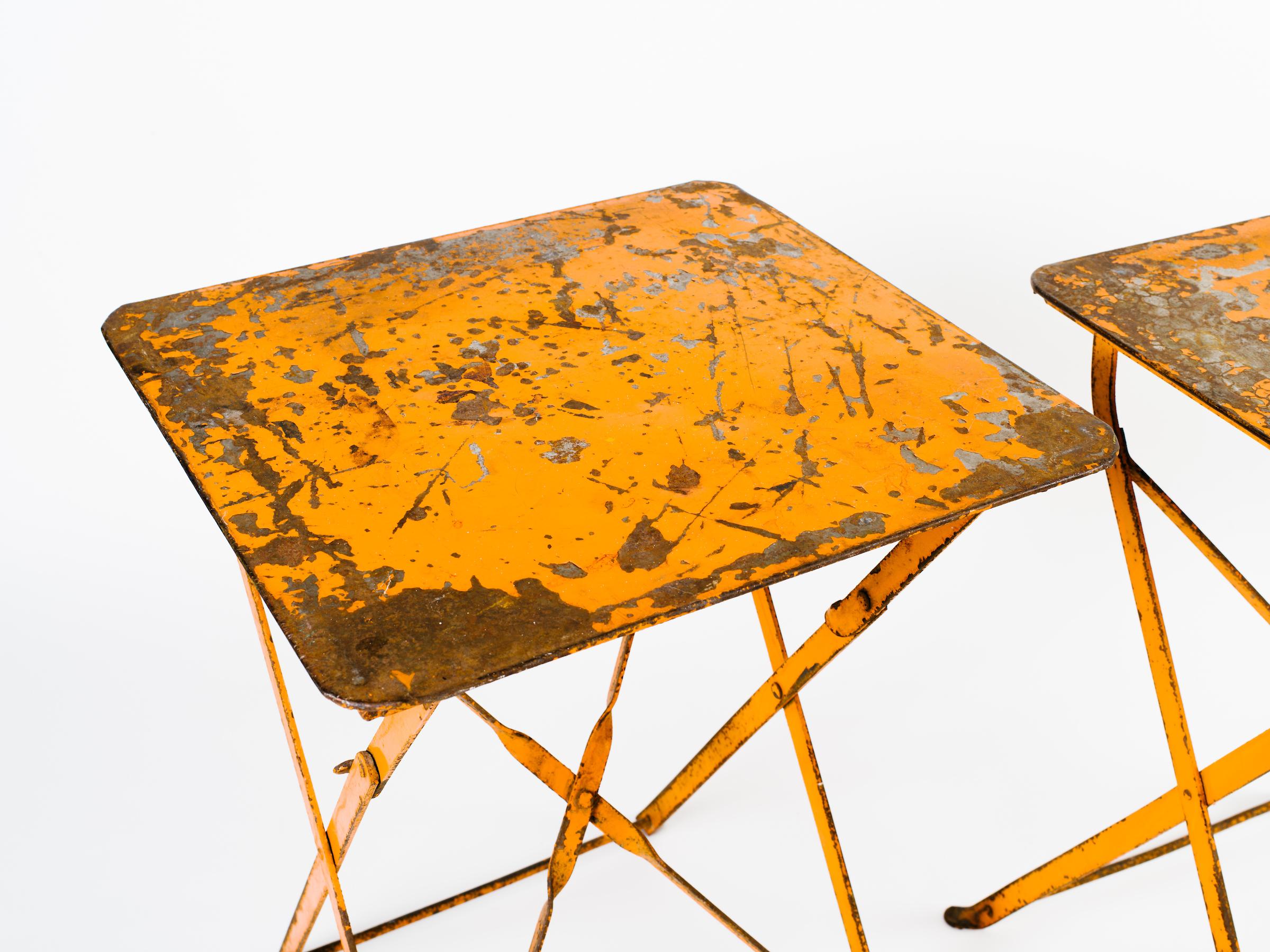 Industrial Pair of French Antique Bistro Folding Tables in Distressed Orange Metal, c. 1930