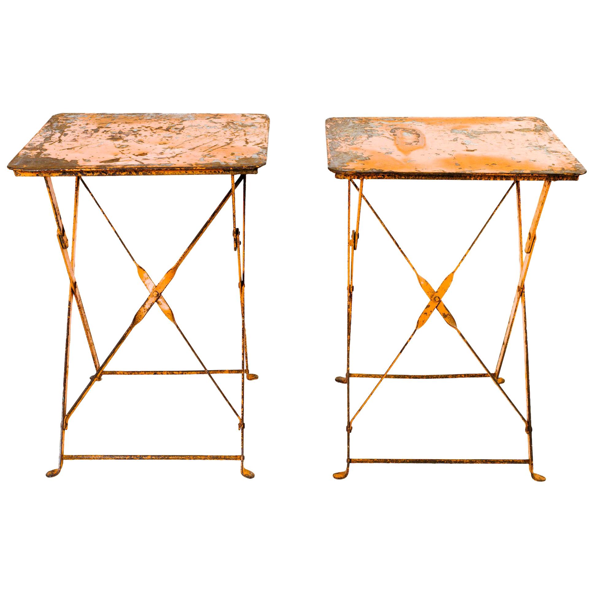 Pair of French Antique Bistro Folding Tables in Distressed Orange Metal, c. 1930