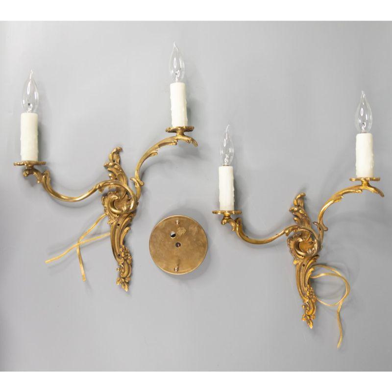 Pair of Antique French Gilded Bronze Two Light Candelabras Sconces In Good Condition In Pearland, TX