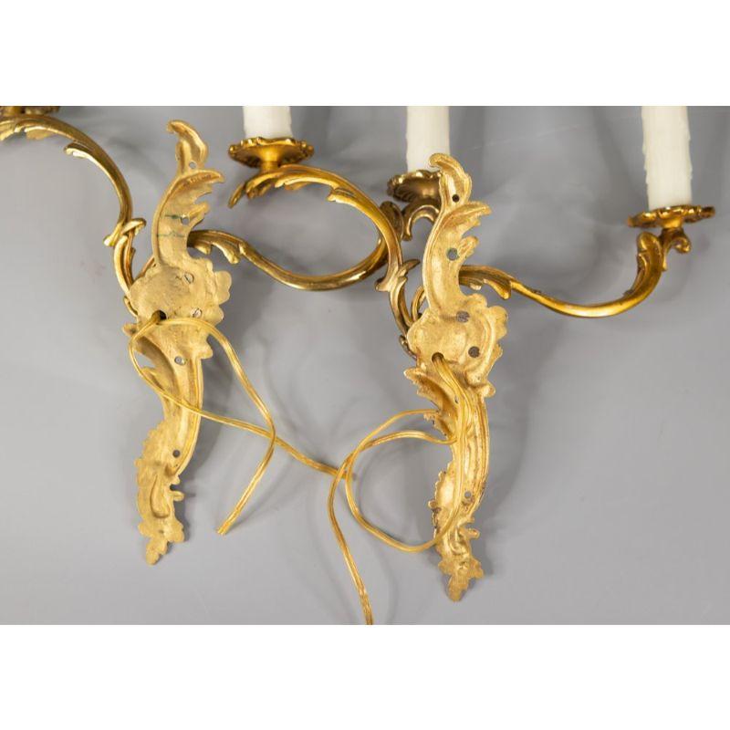 20th Century Pair of Antique French Gilded Bronze Two Light Candelabras Sconces