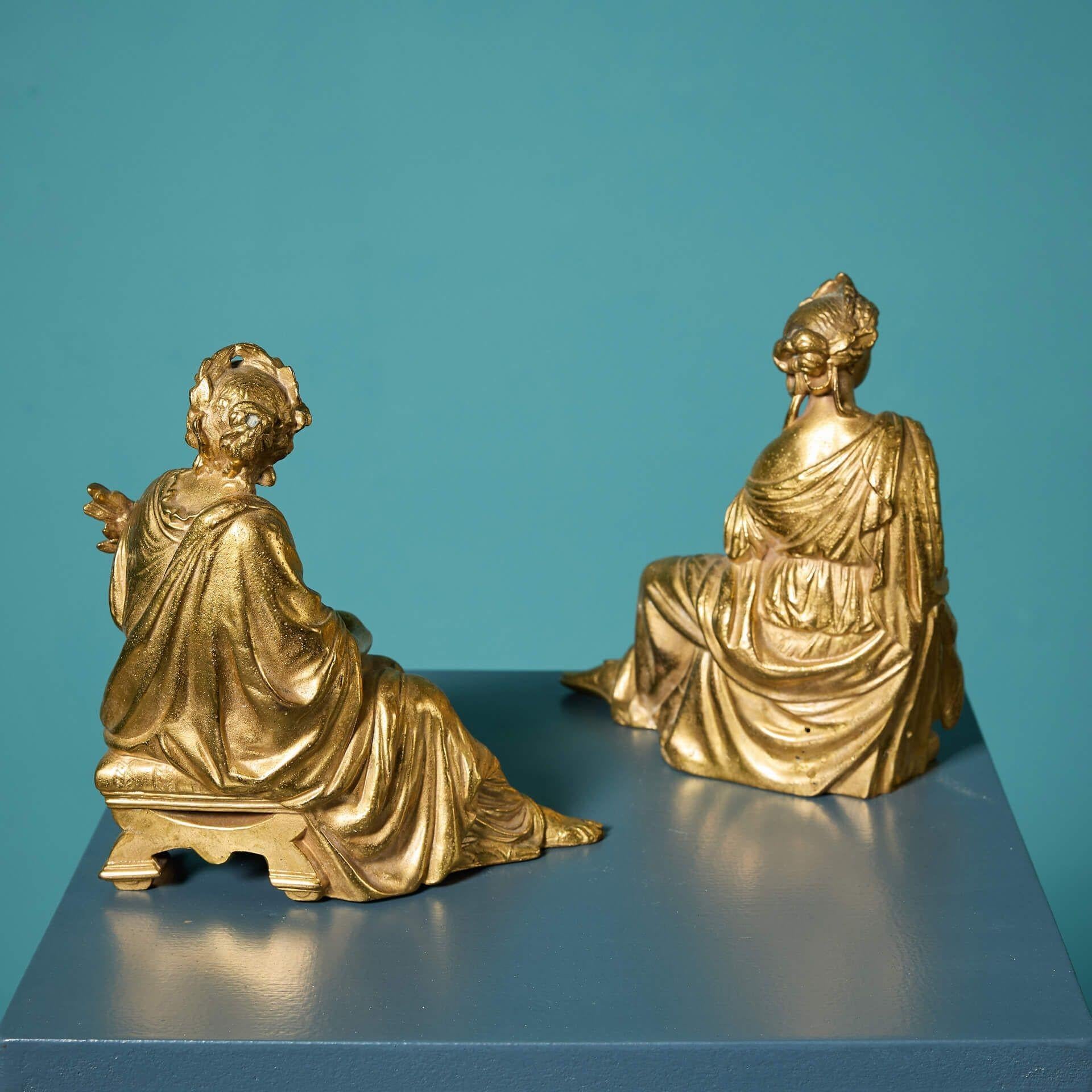 Metal Pair of Antique French Gilded Neoclassical Figures