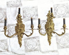 Pair of Antique French Gilded Sconces - 3 Light Armed Sconce European