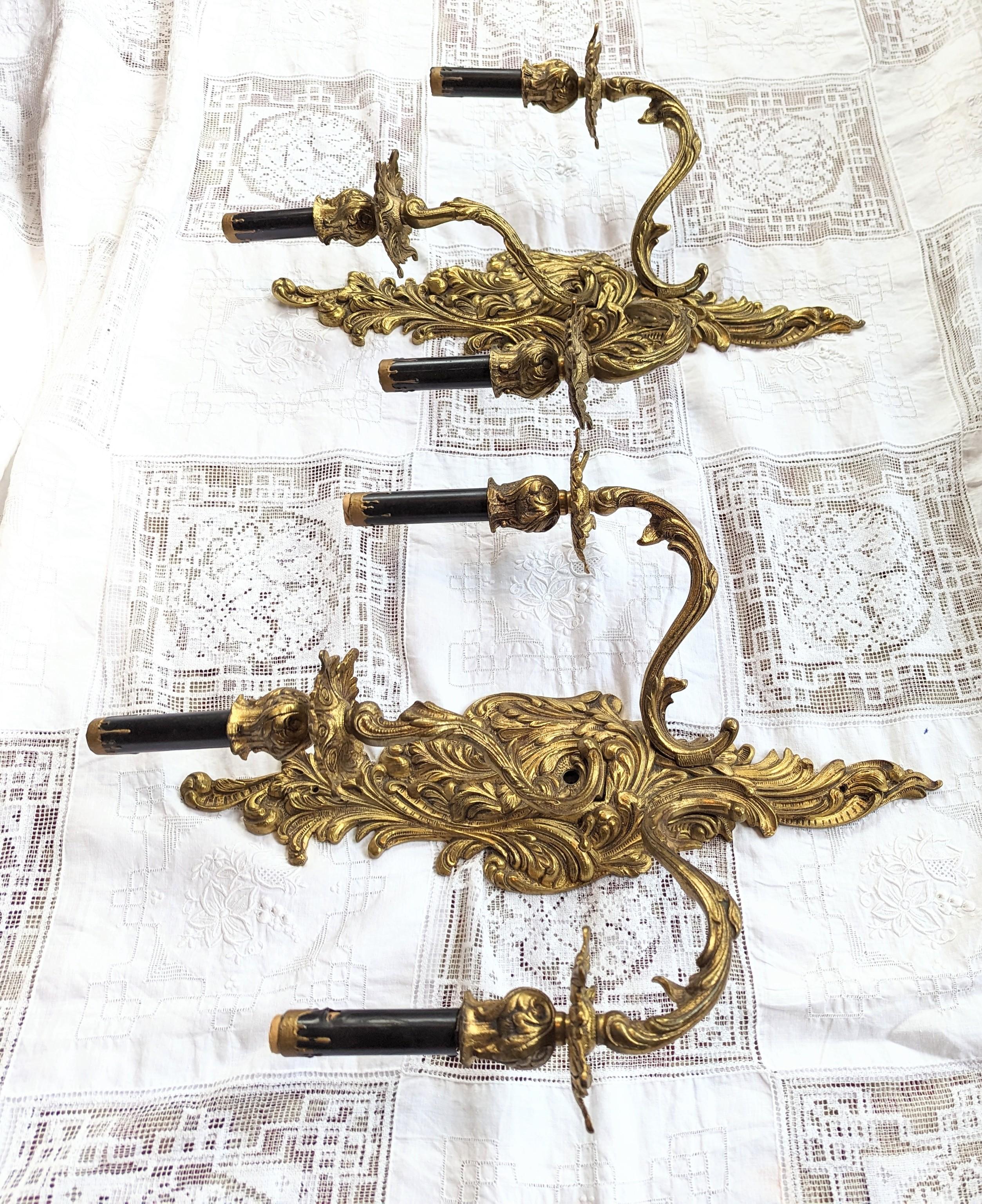 Rococo Revival Pair of Antique French Gilded Sconces - 3 Light Armed Sconce European For Sale