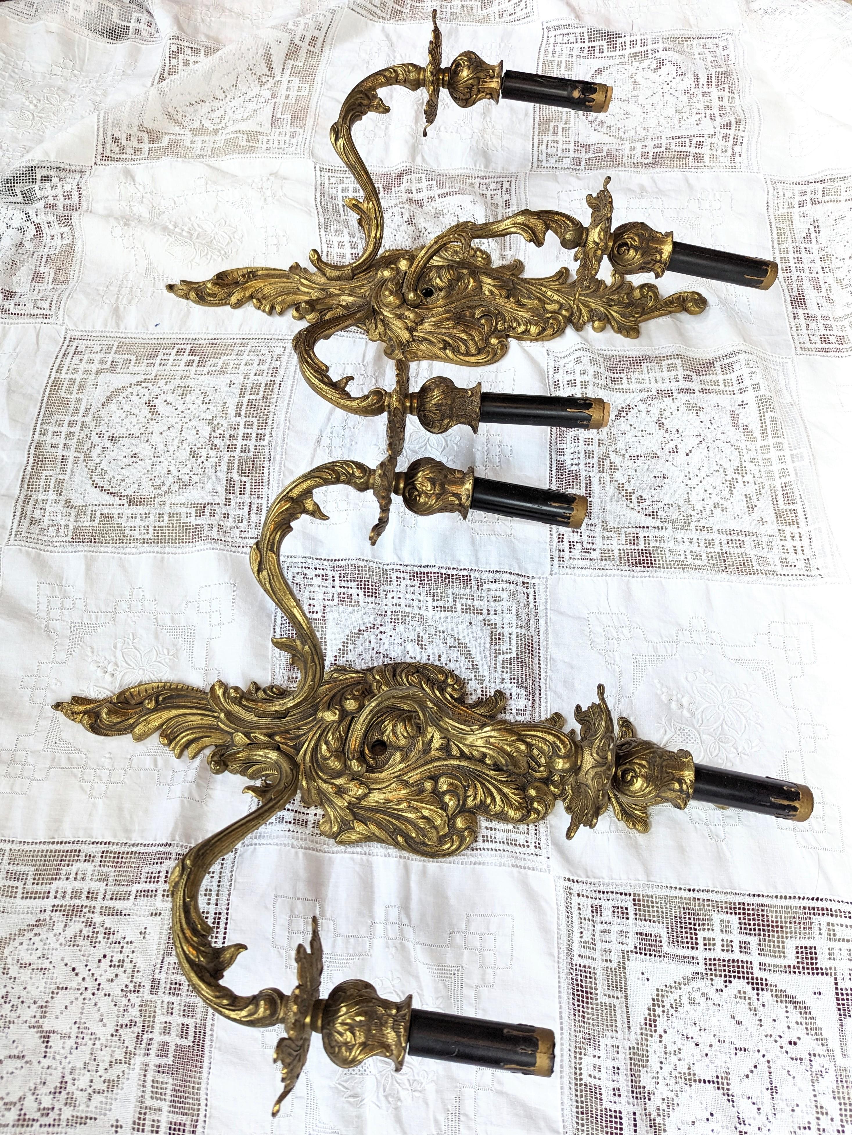 20th Century Pair of Antique French Gilded Sconces - 3 Light Armed Sconce European For Sale
