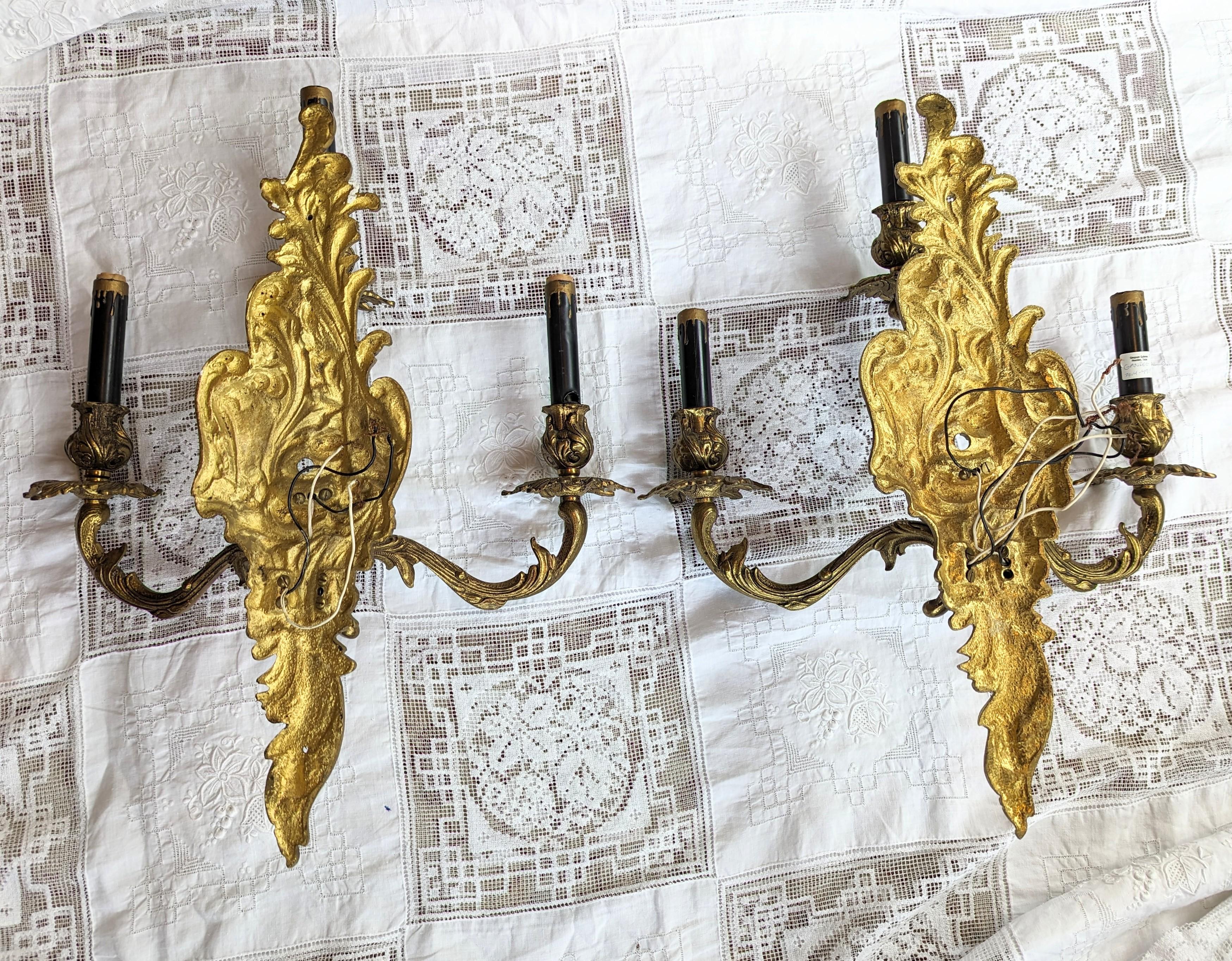 Metal Pair of Antique French Gilded Sconces - 3 Light Armed Sconce European For Sale