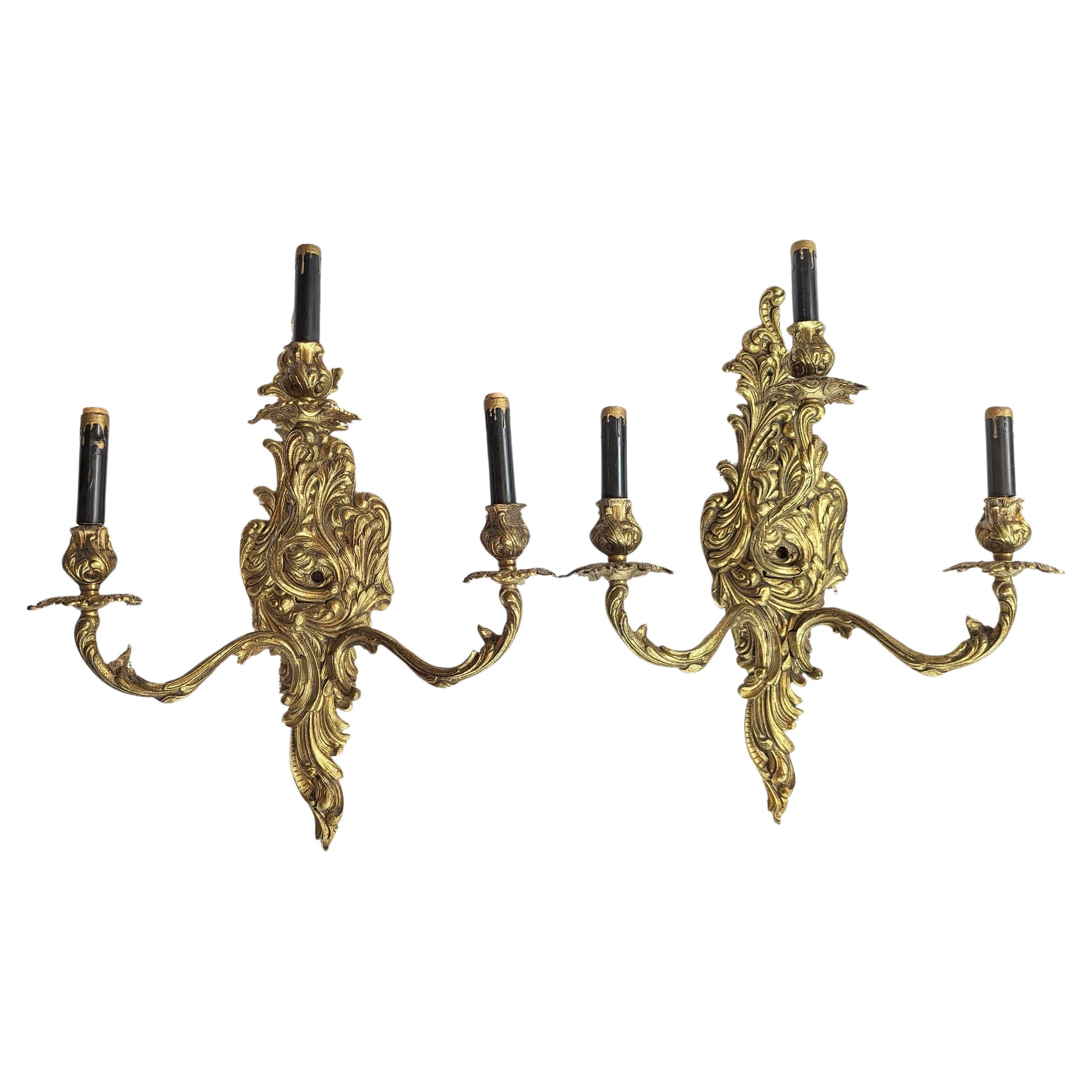 Pair of Antique French Gilded Sconces - 3 Light Armed Sconce European For Sale