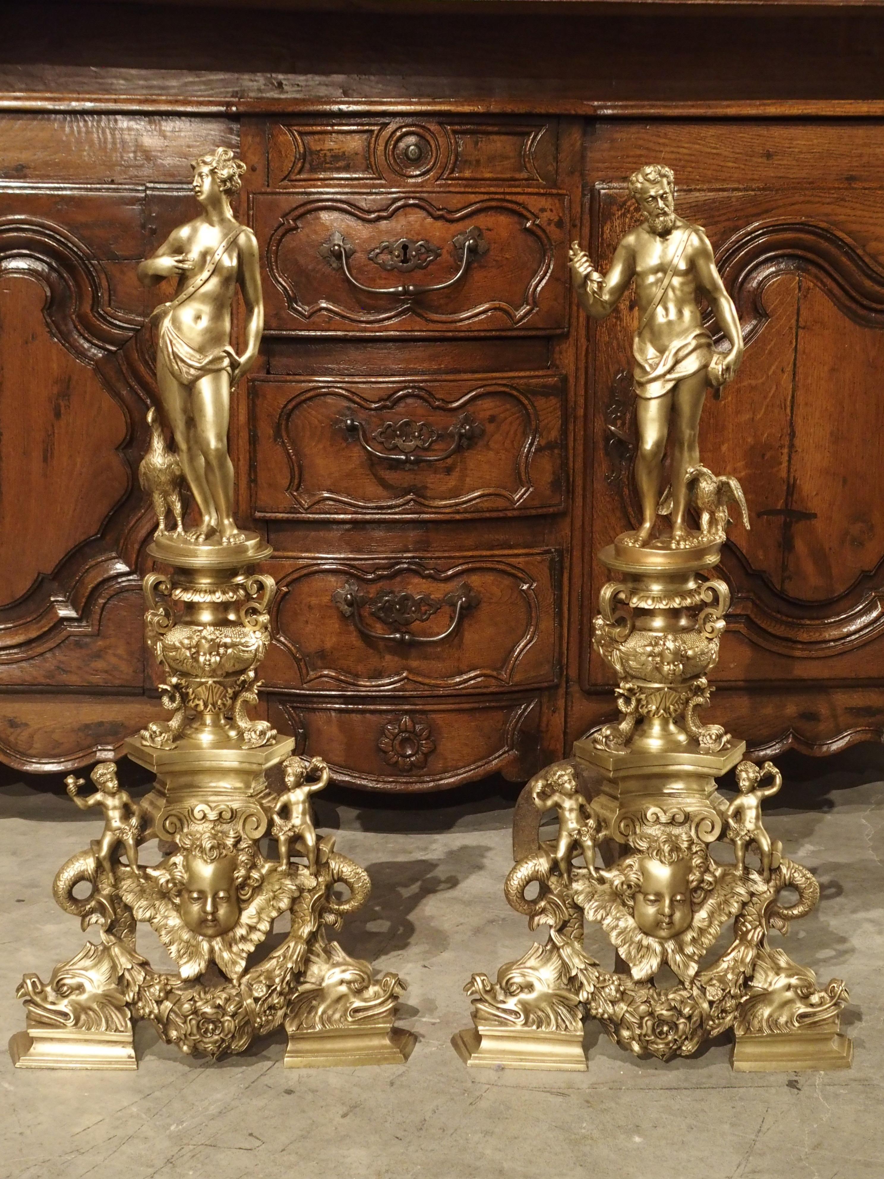 Pair of Antique French Gilt Bronze Andirons by Bouhon Freres, Paris 19th Century 3