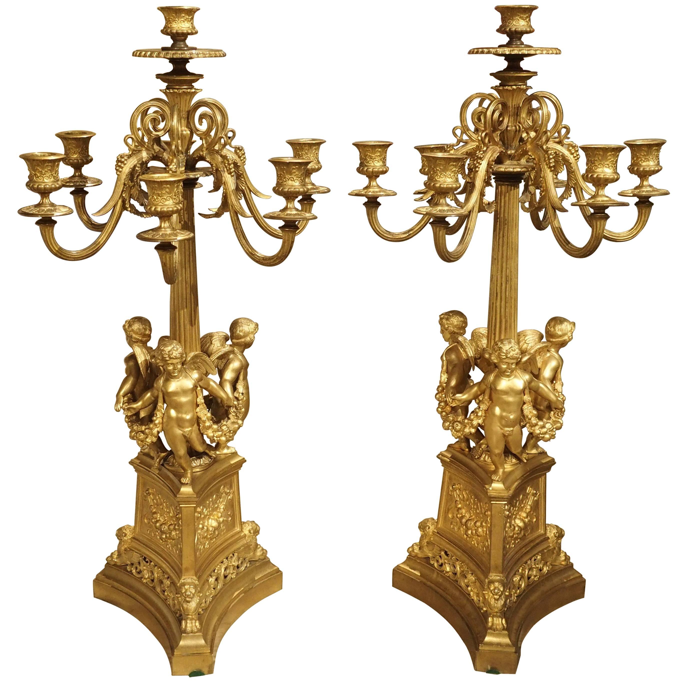 Pair of Antique French Gilt Bronze Candelabras