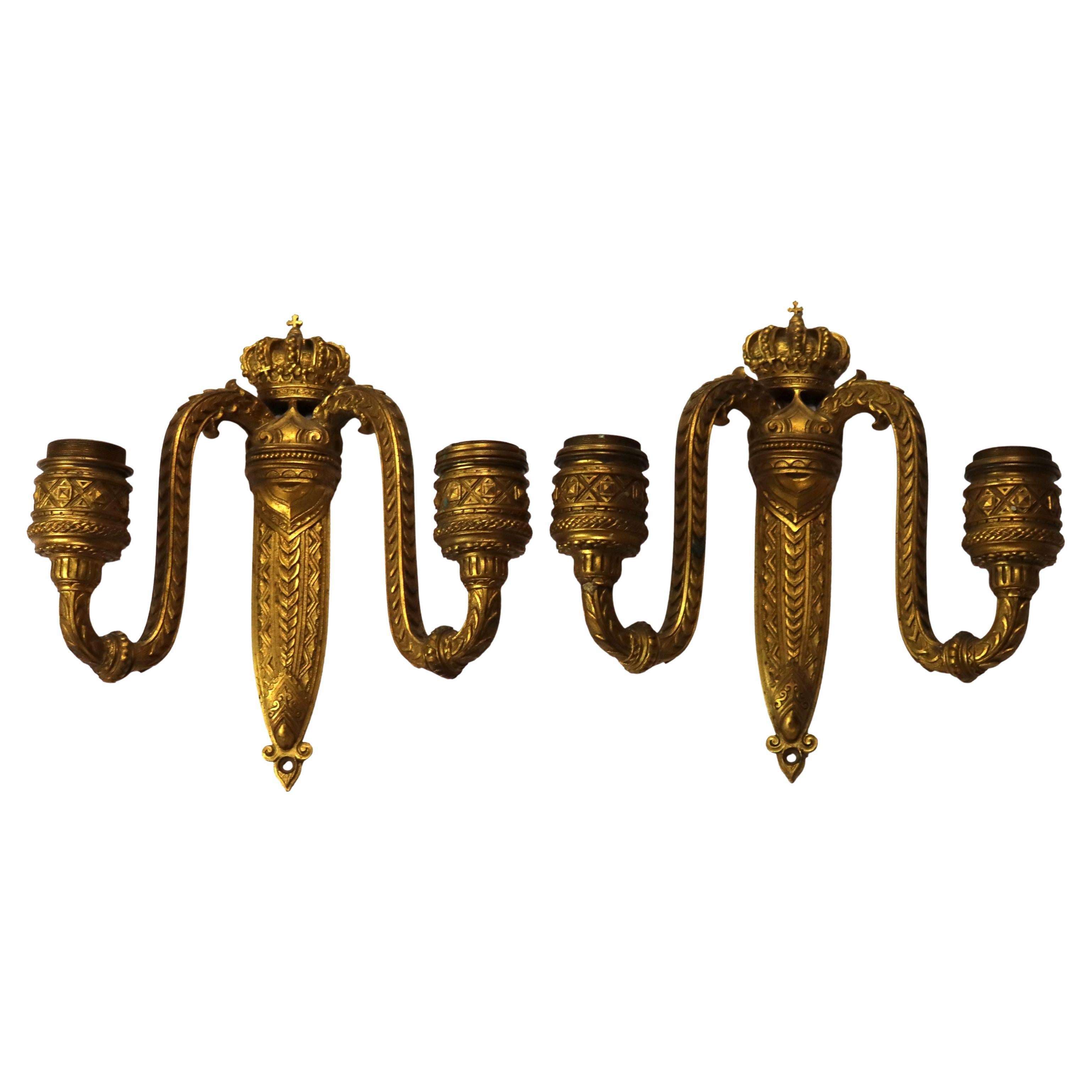 Pair of Antique French Gilt Bronze Dual-Candle Sconces with Royal Crown C1890
