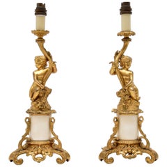 Pair of Antique French Gilt Bronze and Marble Lamps