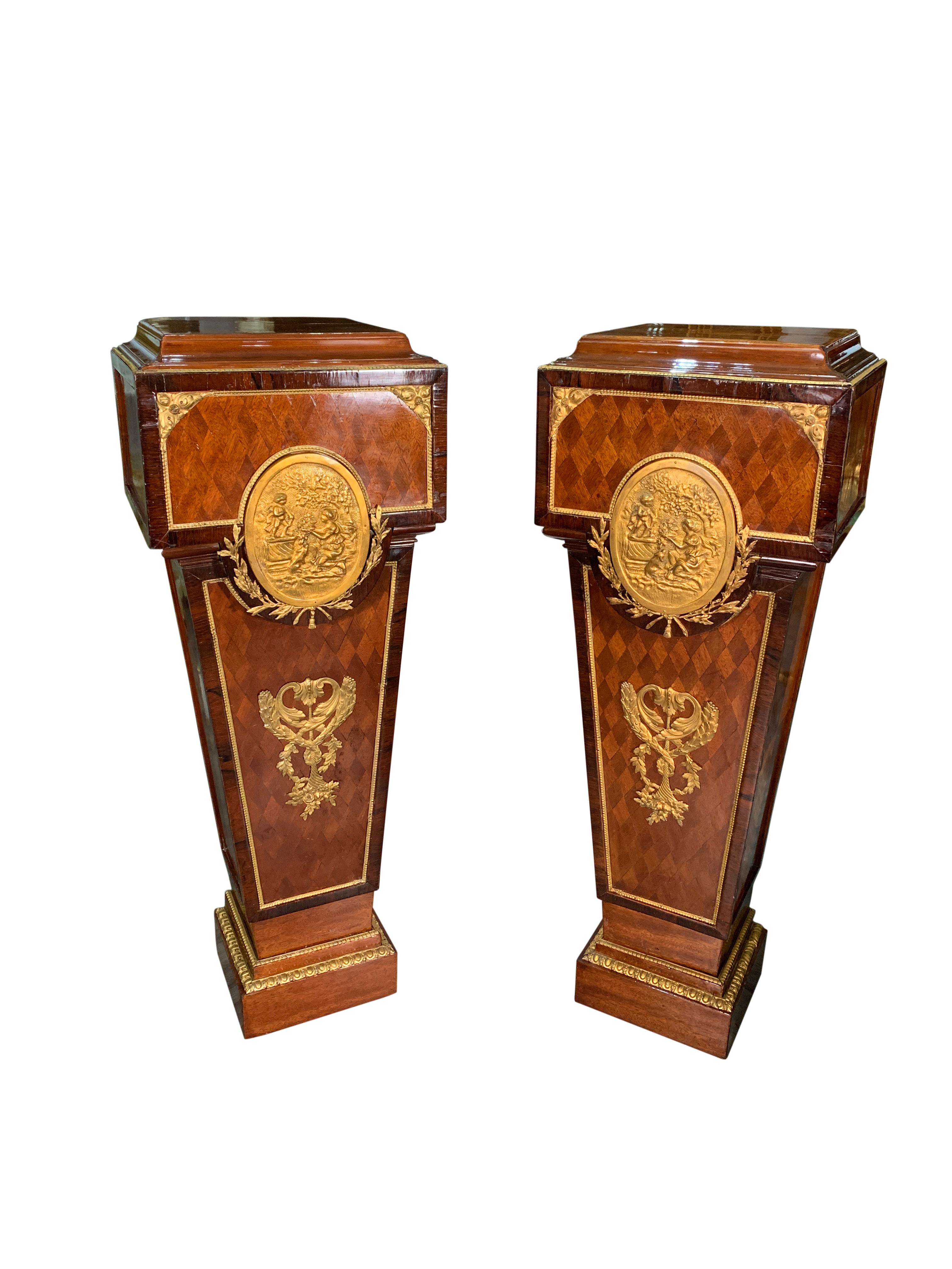 Pair of Antique French Gilt Bronze Mounted Parquetry Pedestals For Sale 6