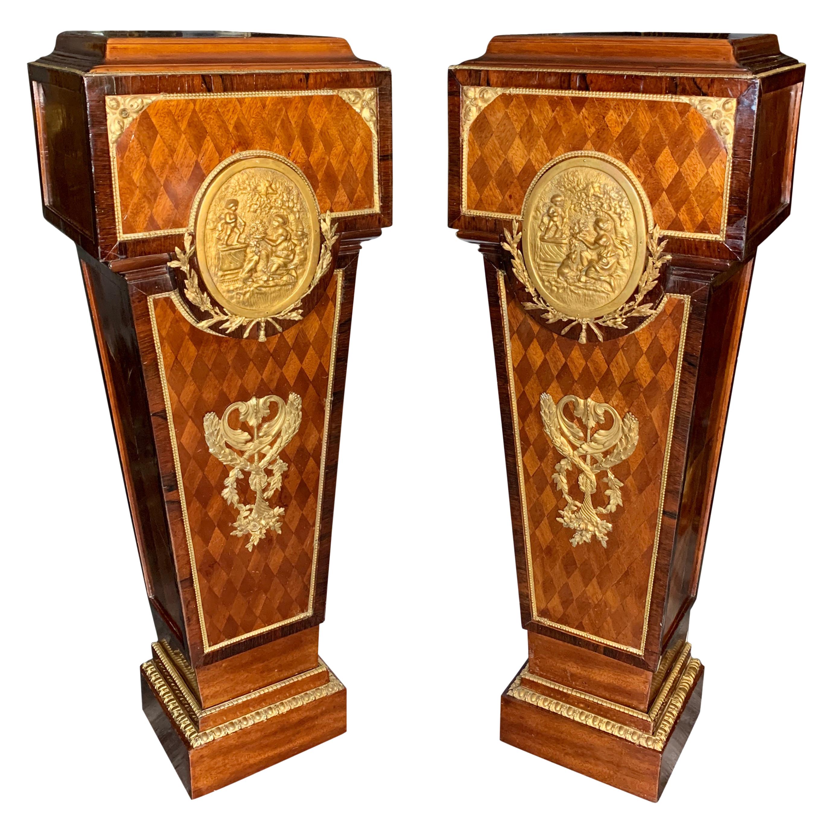 Pair of Antique French Gilt Bronze Mounted Parquetry Pedestals For Sale