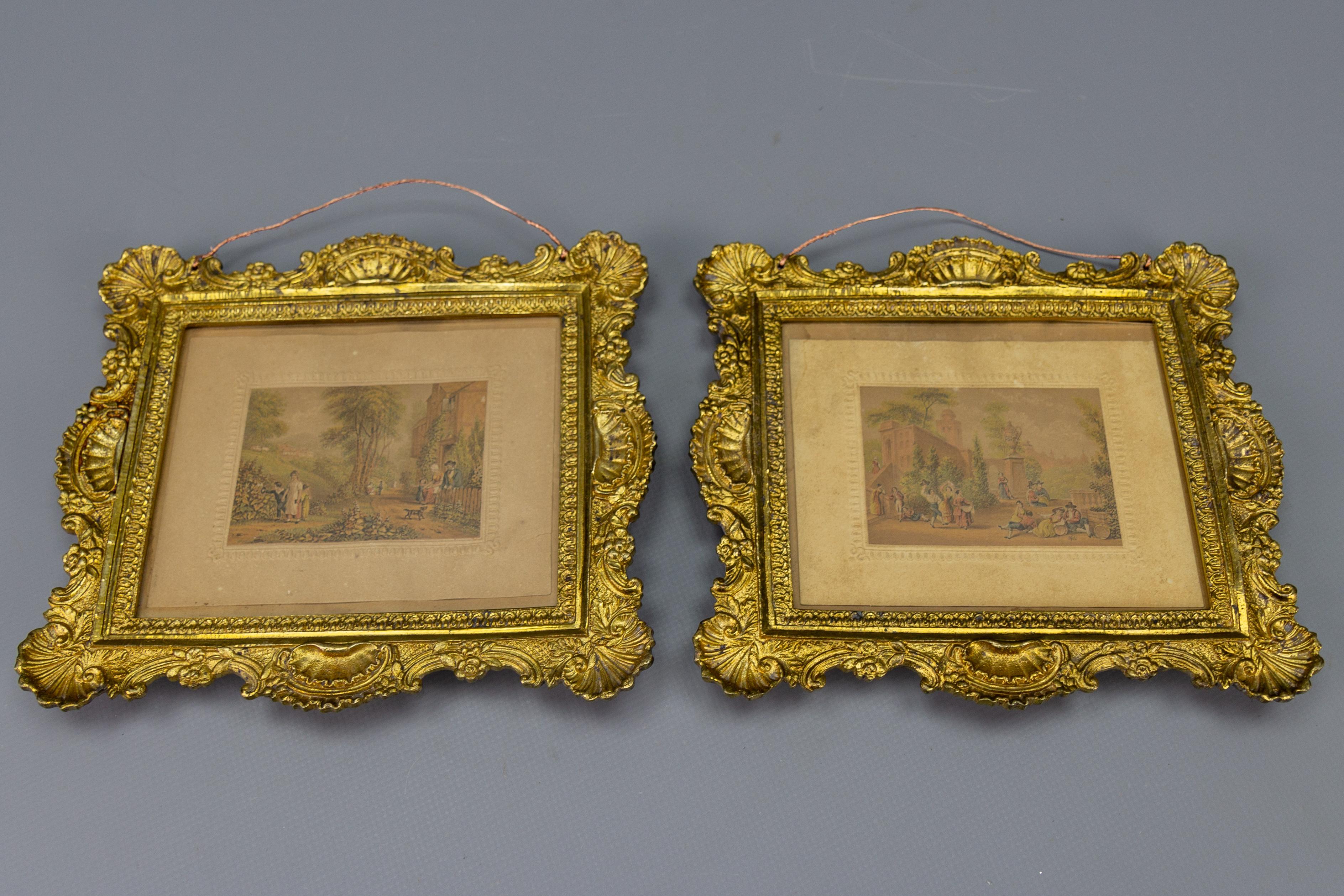 Pair of Antique French gilt bronze Rococo style picture frames, ca. 1890
This adorable pair of delicate gilt bronze picture frames features typical Rococo-style motifs - rocailles, flowers, and scrolls, with glass on the front and a brass plate on