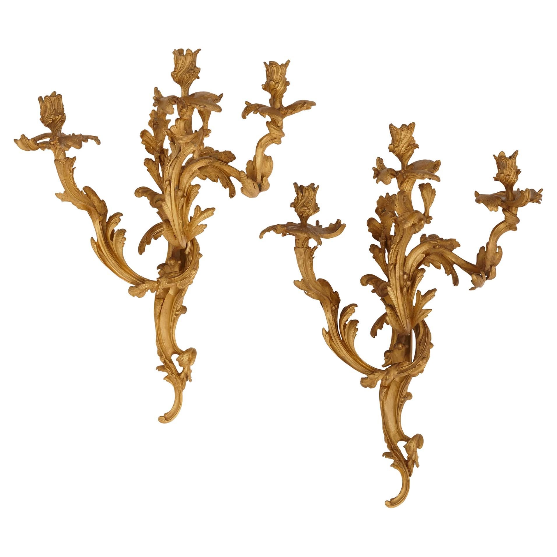 Pair of Antique French Gilt Bronze Sconces in the Baroque Style For Sale