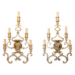 Pair of Antique French Gilt Iron Candelabra Sconces