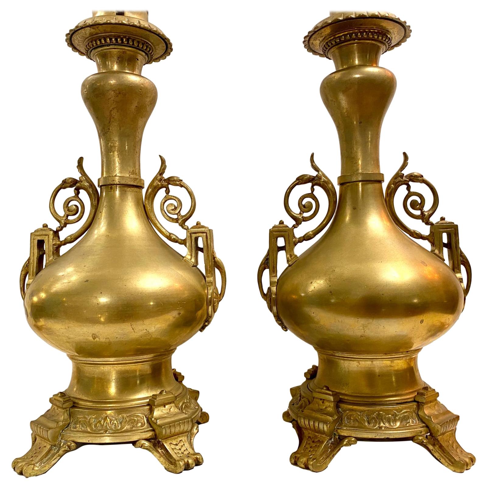 Pair of Antique French Gilt Lamps For Sale