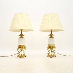 Pair of Antique French Gilt Metal and Ceramic Table Lamps