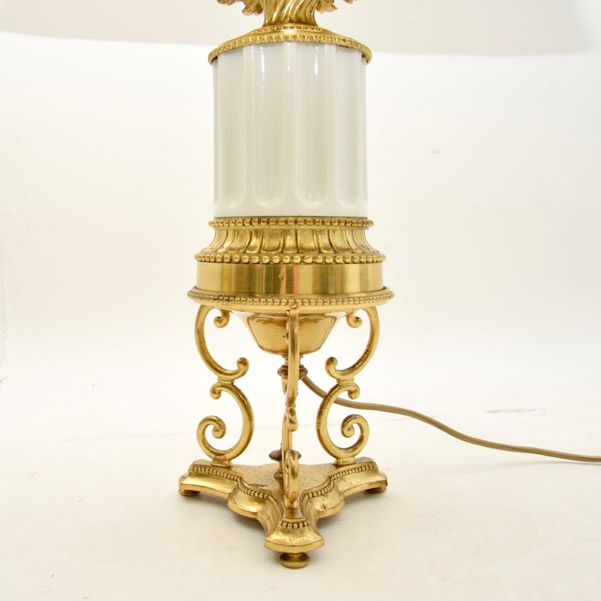 Pair of Antique French Gilt Metal and Ceramic Table Lamps For Sale 1