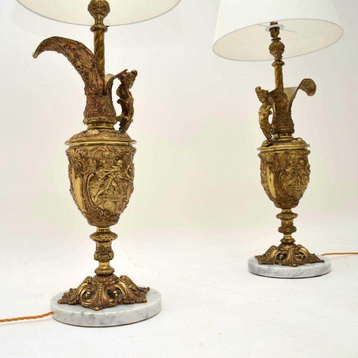 A stunning pair of antique French gilt metal and marble table lamps, dating from around the 1930’s.

They are large and impressive, the quality is excellent and they have a beautiful design. There are lots of intricate details, they stand on