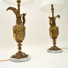 Pair of Antique French Gilt Metal and Marble Table Lamps