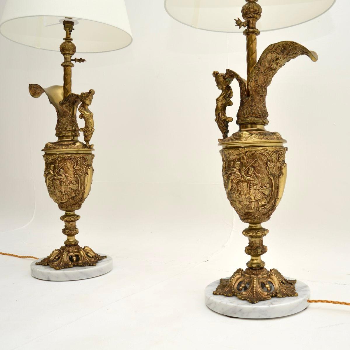 Neoclassical Pair of Antique French Gilt Metal and Marble Table Lamps For Sale