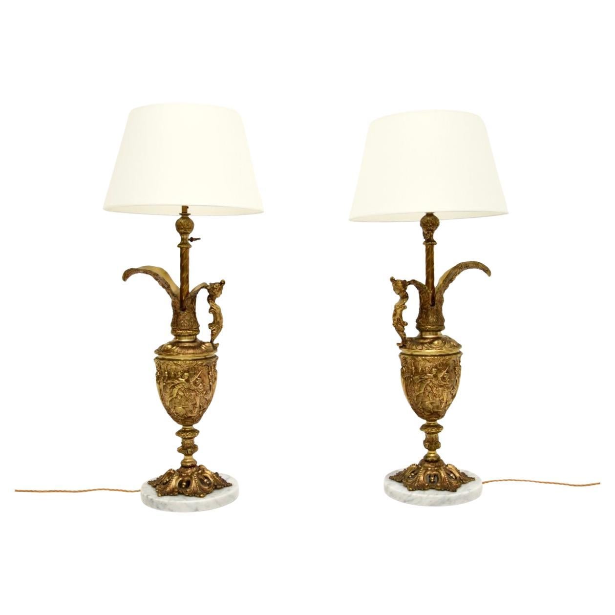 Pair of Antique French Gilt Metal and Marble Table Lamps