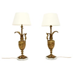 Pair of Antique French Gilt Metal and Marble Table Lamps