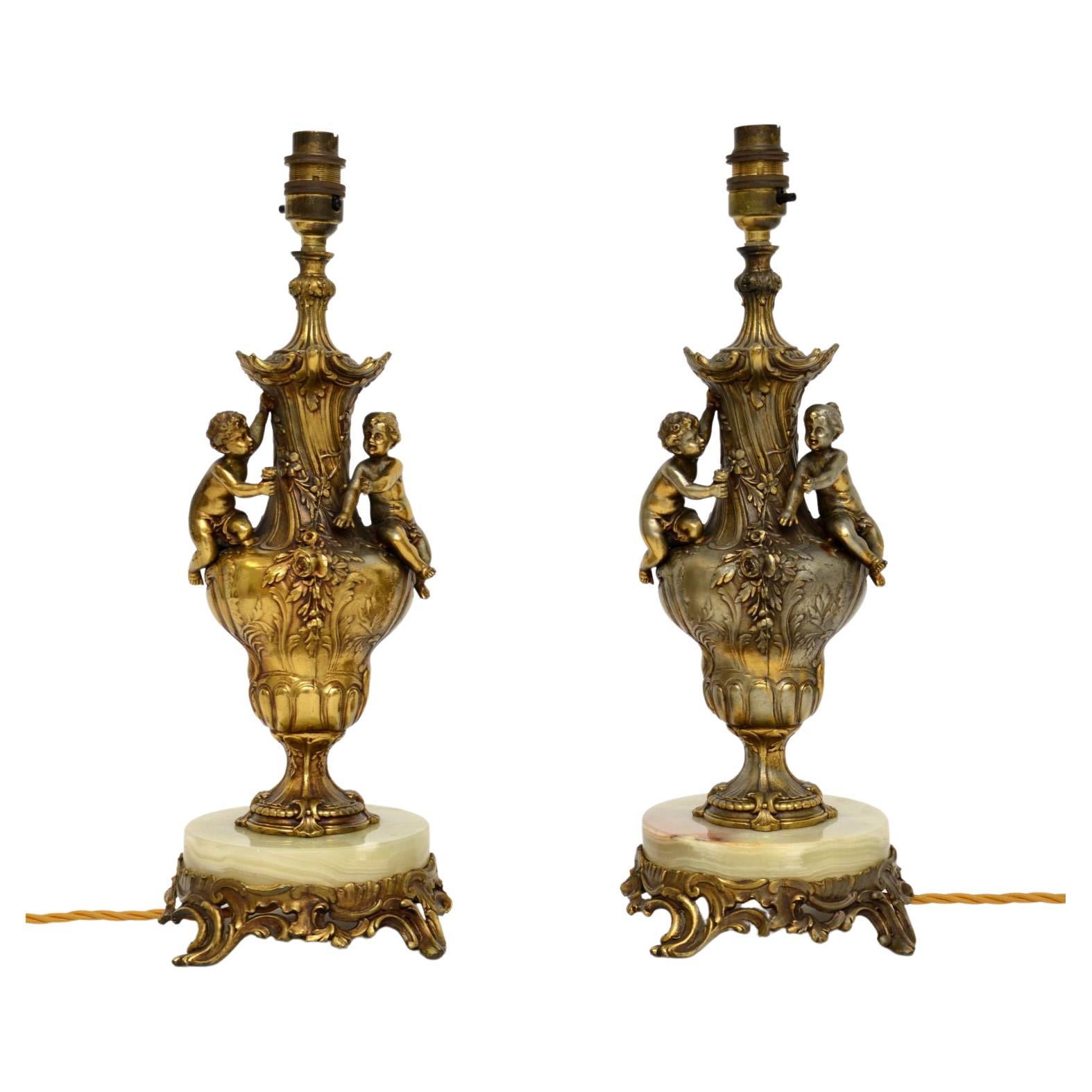 Pair of Antique French Gilt Metal Table Lamps