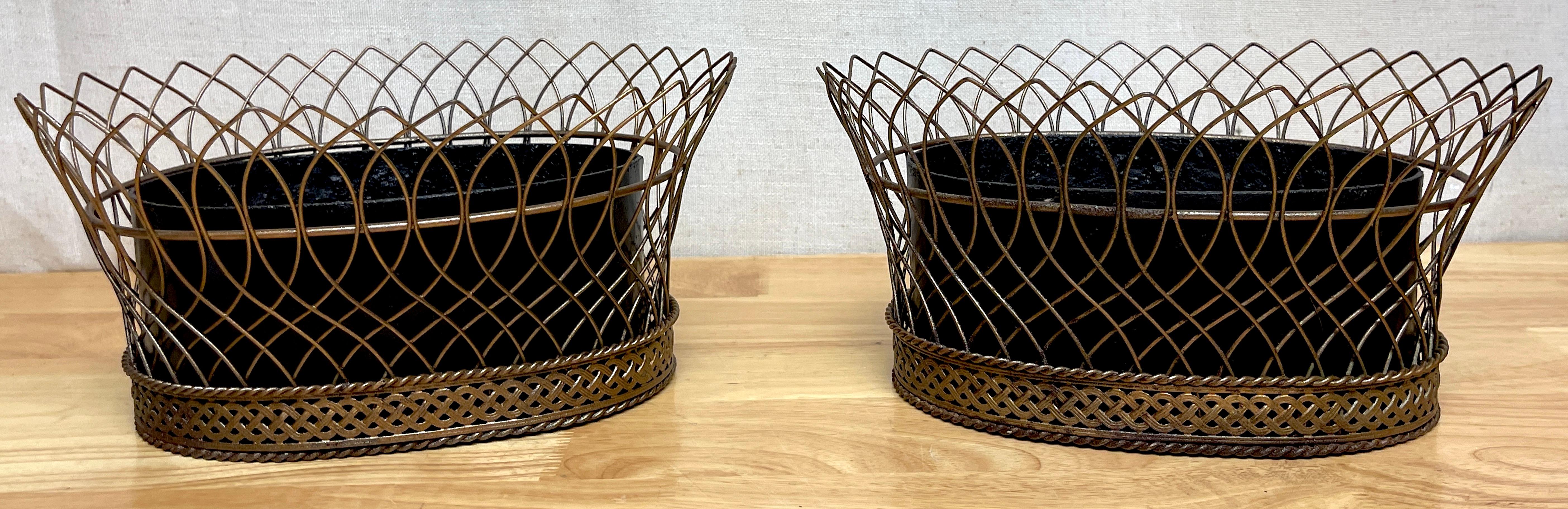 Neoclassical Pair of Antique French Gilt Tôle & Iron Tole Metal Filigree Oval Planters For Sale