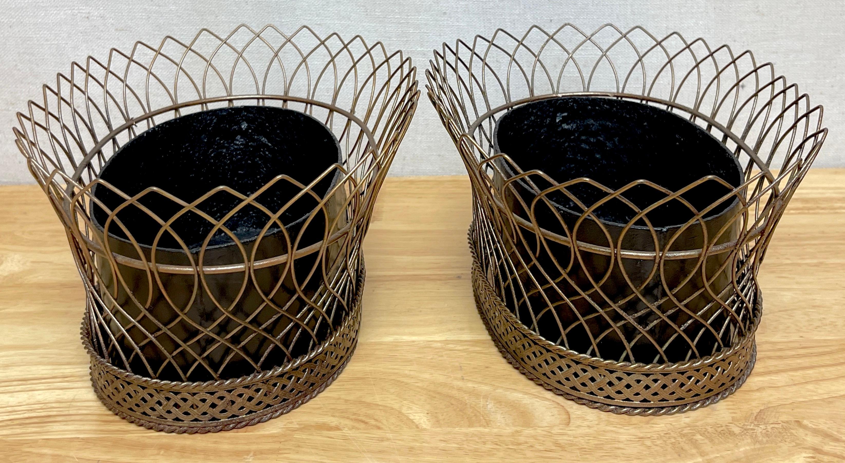 20th Century Pair of Antique French Gilt Tôle & Iron Tole Metal Filigree Oval Planters For Sale