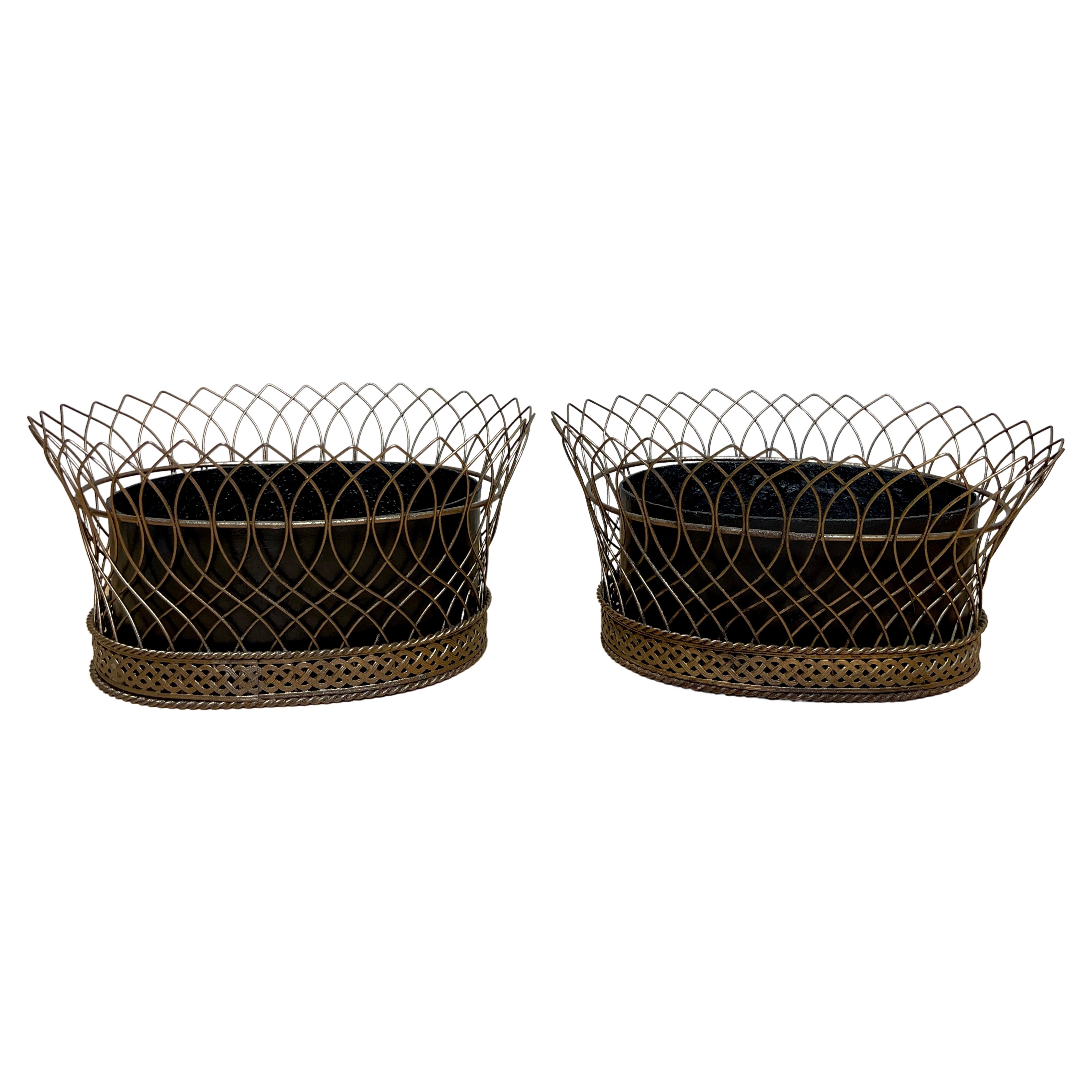 Pair of Antique French Gilt Tôle & Iron Tole Metal Filigree Oval Planters For Sale