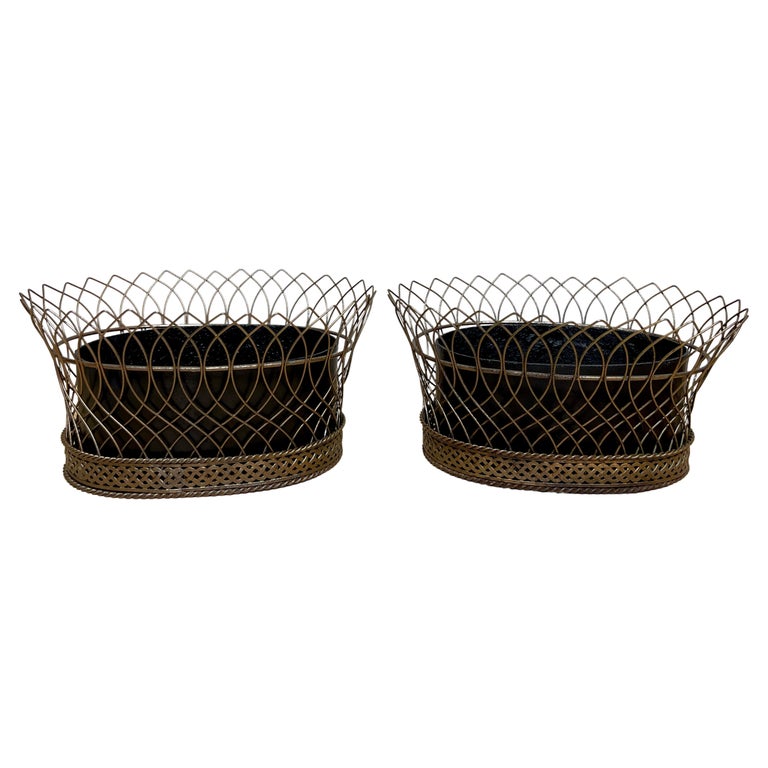 Pair of Antique French Gilt Tôle and Iron Tole Metal Filigree Oval Planters  For Sale at 1stDibs